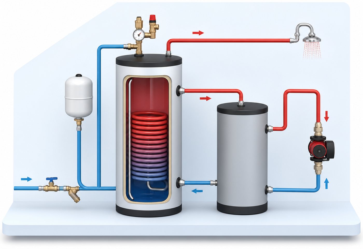 Infografic sistem de acumulare apă caldă cu boiler, puffer și fluxuri logice