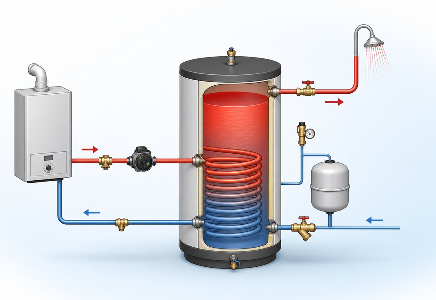 Infografic boiler indirect cu serpentină, pompă, vas de expansiune și circuite apă caldă
