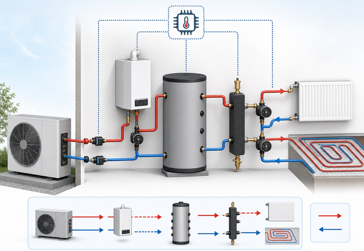 Infografic sistem hibrid cu pompă de căldură, centrală de backup, puffer și control