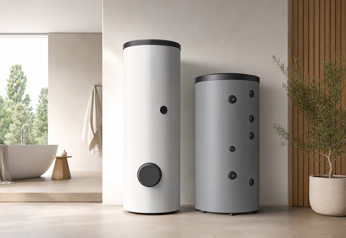 Sistem de acumulare apă caldă cu boiler și puffer într-o prezentare tehnică premium